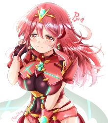 Rule 34 | 1girl, alternate hair length, alternate hairstyle, amahime kaichou, black gloves, breasts, chest jewel, earrings, fingerless gloves, gloves, highres, jewelry, large breasts, medium hair, nintendo, pyra (xenoblade), red eyes, red hair, red shorts, red thighhighs, short hair, short shorts, shorts, solo, swept bangs, thighhighs, tiara, xenoblade chronicles (series), xenoblade chronicles 2