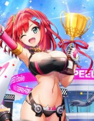 Rule 34 | 1girl, ;d, alternate costume, artist request, bikini, black bikini, breasts, cleavage, dolphin hair ornament, dolphin wave, gloves, green eyes, hair ornament, highres, jet ski, large breasts, navel, official art, one eye closed, open mouth, race track, red hair, sakimiya iruka, smile, source request, standing, standing on one leg, swimsuit, thighs, trophy