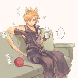 Rule 34 | ...!, 1boy, ^^^, animal ears, arm ribbon, armor, asymmetrical arms, asymmetrical gloves, black gloves, black pants, blonde hair, blue eyes, buckle, cat boy, cat ears, cat tail, cloud strife, couch, cup, drink, facial mark, final fantasy, final fantasy vii, final fantasy xiv, gloves, high collar, holding, holding cup, holding drink, male focus, miqo&#039;te, on couch, pants, pauldrons, red ribbon, ribbon, serious, short hair, shoulder armor, single pauldron, sitting, sleeveless, sleeveless turtleneck, solo, speech bubble, strap, tail, tasituma2, turtleneck, yarn, yarn ball, yellow fur, zipper