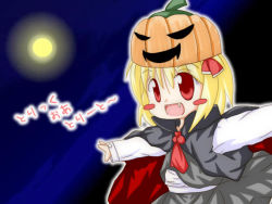 Rule 34 | 1girl, :d, blonde hair, blush stickers, cape, chibi, embodiment of scarlet devil, fang, female focus, halloween, hat, jack-o&#039;-lantern, moon, night, open mouth, outstretched arms, pumpkin, pumpkin hat, r pascal, red eyes, ribbon, rumia, slit pupils, smile, solo, spread arms, touhou, trick or treat