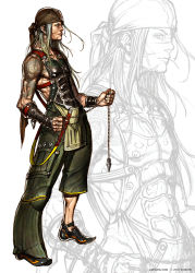 Rule 34 | 1boy, arm tattoo, armor, asymmetrical clothes, asymmetrical pants, bandana, black footwear, bracer, brown headwear, chain, chain weapon, closed mouth, commentary, dragon tattoo, earrings, english commentary, facial scar, full body, green eyes, green hair, green pants, highres, holding, holding chain, jewelry, limha lekan, long hair, looking at viewer, looking to the side, male focus, meltz, multiple earrings, official art, pants, scar, scar on cheek, scar on face, scar on nose, solo, soulless, stud earrings, tattoo, toned, toned male, zoom layer