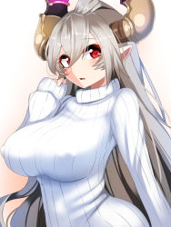 Rule 34 | 10s, 1girl, blush, breasts, draph, covered erect nipples, granblue fantasy, grey hair, hair between eyes, horns, large breasts, long hair, looking at viewer, open mouth, pointy ears, red eyes, ribbed sweater, smile, solo, sweater, tenken (gotannda), threo (granblue fantasy)