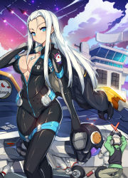 Rule 34 | 1boy, 1girl, aircraft, airplane, anti-aircraft, anti-aircraft gun, blue eyes, bodysuit, breasts, cleavage, cloud, cloudy sky, contrail, control tower, dog tags, emblem, feet out of frame, fighter jet, gloves, hair between eyes, hair pulled back, helmet, highres, holding, holding helmet, impossible bodysuit, impossible clothes, jacket, jacket over shoulder, jet, jet engine, long hair, looking at viewer, military, military vehicle, original, oxygen mask, pilot suit, rodway, science fiction, shiny clothes, sign, skin tight, sky, star (sky), starry sky, twilight, unworn headwear, unworn helmet, unworn jacket, unzipped, vest, walking, warning sign, white hair