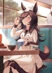 Rule 34 | 2girls, ^ ^, afterimage, animal ears, blush, bowl, character request, chopsticks, closed eyes, closed mouth, dress, eating, feet out of frame, food, food on face, hair over one eye, hair ribbon, highres, holding, holding bowl, holding chopsticks, horse ears, horse girl, horse tail, indoors, long sleeves, multiple girls, name connection, object namesake, restaurant, ribbon, rice, rice bowl, rice shower (umamusume), silver hair, sitting, smile, solo focus, sparkle, steam, tail, tail wagging, umamusume, white dress, white ribbon, yukiyama momo