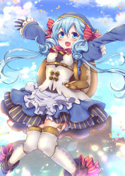 Rule 34 | 1girl, :d, arms up, backpack, bag, blue eyes, blue hair, blush, bow, cloud, cloudy sky, commentary request, day, garter straps, gloves, hair bow, knees together feet apart, long hair, long sleeves, open mouth, sennen sensou aigis, sky, smile, solo, suou sakura, thighhighs, totono (sennen sensou aigis), white thighhighs
