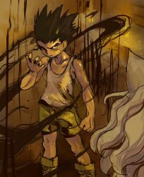 Rule 34 | 1boy, 1girl, absurdres, angry, animal ears, aura, cat ears, character request, child, clenched teeth, commentary, dark aura, dark persona, english commentary, gon freecss, green footwear, green shorts, highres, hunter x hunter, looking at another, male focus, moonshen timojim, neferpitou, shorts, solo focus, tank top, teeth, white hair, white tank top