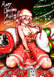 Rule 34 | 1girl, alternate hairstyle, bare shoulders, blue eyes, bow, bowtie, braid, breasts, christmas tree, cleavage, closed mouth, dated, detached collar, dress, eyelashes, eyes visible through hair, fur collar, hair between eyes, hand up, hat, highres, holding, holding hair, hong meiling, indoors, koyubi (littlefinger1988), large breasts, long braid, long hair, looking at viewer, medium dress, merry christmas, pom pom (clothes), santa costume, santa dress, shoes, side braid, sitting, smile, solo, strapless, strapless dress, touhou, twin braids, very long hair, wariza