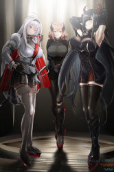 Rule 34 | 3girls, absurdres, armored boots, armpits, arms behind head, artist name, artist request, azur lane, belt, black belt, black cape, black gloves, black hair, black hairband, black jacket, black legwear, black shirt, black skirt, blue eyes, boots, breasts, bursting breasts, buttons, cape, cleavage, double-breasted, framed breasts, friedrich der grosse (azur lane), full body, garter straps, gloves, hair over one eye, hairband, half gloves, headgear, high heel boots, high heels, highres, horn ornament, horns, huge breasts, iron blood (emblem), jacket, large breasts, light brown hair, light smile, long hair, looking at viewer, mainz (azur lane), mechanical hands, mechanical horns, miniskirt, multicolored hair, multiple girls, pantyhose, pleated skirt, red cape, red hair, red horns, roon (azur lane), rudder footwear, see-through, shirt, silver hair, skin tight, skindentation, skirt, streaked hair, sword, thighhighs, thighs, two-tone cape, two-tone hair, very long hair, weapon, white jacket, white legwear, yellow eyes