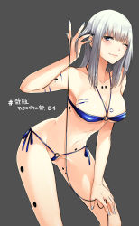 Rule 34 | 1girl, arm up, bare shoulders, bikini, blame!, blue bikini, blue eyes, blush, breasts, cable, cibo, cleavage, closed mouth, collarbone, covered erect nipples, cowboy shot, cyborg, grey background, hand on own thigh, highres, leaning forward, lips, long hair, looking at viewer, medium breasts, nail polish, navel, o-ring, o-ring bikini, o-ring bottom, o-ring top, one eye closed, shiny skin, silver hair, smile, solo, subdermal port, swimsuit, tsukasa (evening-g-low)