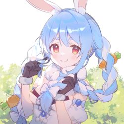 Rule 34 | 1girl, animal ear fluff, animal ears, black gloves, black leotard, blue hair, blush, bow, braid, breasts, carrot hair ornament, closed mouth, commentary request, cona kinaco, detached sleeves, don-chan (usada pekora), dress, food-themed hair ornament, fur-trimmed gloves, fur trim, gloves, hair bow, hair ornament, twirling hair, hands up, hololive, leotard, long hair, medium breasts, multicolored hair, puffy short sleeves, puffy sleeves, rabbit ears, red eyes, short eyebrows, short sleeves, smile, strapless, strapless dress, strapless leotard, thick eyebrows, twin braids, twintails, two-tone hair, upper body, usada pekora, usada pekora (1st costume), virtual youtuber, white background, white bow, white dress, white hair, white sleeves