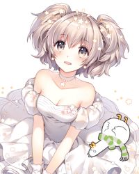 Rule 34 | 1girl, artist self-insert, bad id, bad twitter id, bare shoulders, blush, breasts, collarbone, copyright request, dress, earrings, gloves, grey eyes, jewelry, looking at viewer, medium breasts, nardack, short hair, short twintails, silver hair, sitting, solo, star (symbol), twintails, white background, white gloves