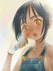 Rule 34 | 1girl, :o, black hair, brown eyes, collarbone, gloves, looking at viewer, naked overalls, open mouth, original, overalls, paint splatter, paint splatter on face, short hair, solo, yutazo 028