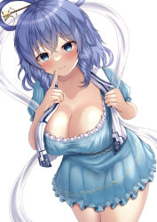 Rule 34 | 1girl, blue dress, blue eyes, blush, breasts, chisel, cleavage, closed mouth, cowboy shot, dress, drill hair, drill sidelocks, hair ornament, hair rings, hair stick, highres, index finger raised, kaku seiga, large breasts, reijing etrn, shawl, short hair, sidelocks, simple background, smile, solo, standing, touhou, vest, white background, white vest