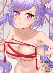 Rule 34 | 1girl, armpits, artist name, blush, braid, breasts, collarbone, frown, genshin impact, highres, keqing (genshin impact), large breasts, long hair, looking at viewer, navel, nude, purple eyes, purple hair, red ribbon, ribbon, skindentation, slinly, solo, upper body, v-shaped eyebrows