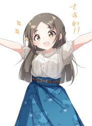 Rule 34 | 1girl, absurdres, arms up, blue skirt, blush, breasts, brown eyes, buttons, commentary request, dot nose, floral print, forehead, gakuen idolmaster, hair ornament, highres, idolmaster, koutei pengin 1-gou, kuramoto china, leaf hair ornament, light brown hair, long hair, looking at viewer, parted bangs, print shirt, print skirt, shirt, short sleeves, sidelocks, skirt, small breasts, smile, solo, sparkle, teeth, translation request, upper teeth only, white background, white shirt