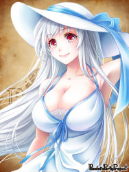 Rule 34 | 1girl, bare shoulders, blue ribbon, breasts, brown background, cleavage, collarbone, copyright name, dress, hat, hat ribbon, large breasts, official art, pandora party project, red eyes, ribbon, upper body, usagiya koharu, watermark, white dress, white hair, white hat