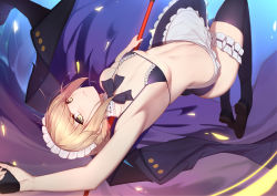 Rule 34 | 1girl, arched back, arm up, armpits, artoria pendragon (alter swimsuit rider) (fate), artoria pendragon (alter swimsuit rider) (second ascension) (fate), artoria pendragon (fate), ass, bare shoulders, bikini, black bikini, black bow, black bowtie, black jacket, black thighhighs, blonde hair, bow, bowtie, braid, breasts, bridal garter, choker, closed mouth, commentary request, fate/grand order, fate (series), frilled bikini, frilled choker, frills, gun, highres, holding, holding gun, holding mop, holding weapon, jacket, langya beike, looking at viewer, maid, maid bikini, maid headdress, medium breasts, midair, mop, navel, ribbon-trimmed choker, ribbon trim, shoes, short hair, sidelocks, solo, stomach, string bikini, swimsuit, thighhighs, unconventional maid, upside-down, weapon, white choker, yellow eyes