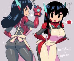 Rule 34 | 1girl, :d, apron, ass, asta rindo (rariatto), black eyes, black hair, bodysuit, breasts, closed mouth, contrapposto, gloves, grey bodysuit, hand up, highres, holding, holding ladle, ladle, large breasts, long hair, multiple views, open mouth, original, puff of air, rariatto (ganguri), red gloves, robot ears, smile, spoken object, translation request, tying apron, white apron