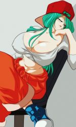 Rule 34 | 1girl, breasts, bulma, bulma (future), cigarette, dragon ball, dragonball z, green eyes, green hair, highres, huge breasts, looking at viewer, mature female, mature female, nala1588, shoes, simple background, sneakers, tagme