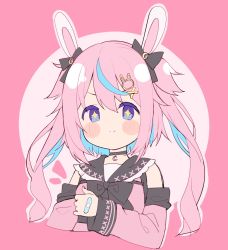 Rule 34 | + +, 1girl, animal ears, bandaid, bandaid on hand, black bow, black choker, blue eyes, blue hair, blush stickers, bow, choker, closed mouth, commentary request, cropped torso, detached sleeves, ear bow, eyebrows hidden by hair, hair between eyes, hair ornament, indie virtual youtuber, long sleeves, looking at viewer, meito (maze), mitsuki shio, multicolored hair, notice lines, pink background, pink hair, pink shirt, pink sleeves, rabbit ears, rabbit hair ornament, shirt, smile, solo, two-tone background, two-tone hair, two side up, upper body, virtual youtuber, x hair ornament
