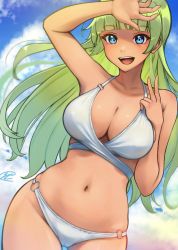 Rule 34 | 1girl, arm up, bikini, blue eyes, blue sky, blunt bangs, breasts, c (theta), cleavage, cloud, cloudy sky, commentary, cowboy shot, curvy, day, eyelashes, green hair, highres, idolmaster, idolmaster million live!, large breasts, long hair, looking at viewer, navel, o-ring, o-ring bikini, open mouth, outdoors, shading eyes, shimabara elena, signature, skindentation, sky, smile, solo, stomach, swimsuit, tan, thighs, v, white bikini