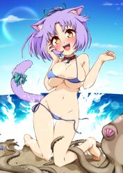 1girl 2020 :3 :d animal_ear_fluff animal_ears aqua_bow aqua_ribbon aroused artist_name barefoot beach bell belt_collar bikini blue_bikini blue_sky blush bow breasts breasts_squeezed_together cat_ears cat_girl cat_tail cinnamon_(nekopara) cleavage collar collarbone commentary_request commission consensual_tentacles covered_erect_nipples curvy dated day feet female_pervert full_body gluteal_fold groin hair_ribbon halterneck hand_on_own_cheek hand_on_own_face hands_up head_tilt heart heart-shaped_pupils jingle_bell kneeling knees_together_feet_apart large_breasts lens_flare long_hair looking_at_viewer micro_bikini navel neck_bell nekopara octopus open_mouth outdoors parted_bangs partial_commentary pervert ponytail purple_hair raised_eyebrows ribbon sand sexually_suggestive shell short_hair side-tie_bikini_bottom sky smile solo sparkle splashing stalkingp string_bikini swimsuit symbol-shaped_pupils tail tail_bow tail_ornament tail_raised tareme teeth tentacles thigh_gap thighs tiptoes toenails toes undressing untied_bikini upper_teeth_only water watermark wet yellow_eyes