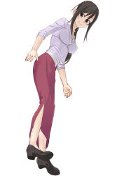 Rule 34 | 1girl, amanchu!, black hair, breasts, commentary request, easy (aqk7bdqt), from below, full body, grin, high heels, katori mato, long hair, long skirt, medium breasts, ponytail, simple background, skirt, smile, solo, white background