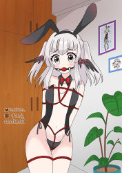 Rule 34 | 1girl, animal ears, arms behind back, artist name, ball gag, bdsm, black wings, blush, bondage, bound, bow, bowtie, chiem, chiem (vtuber), detached collar, fake animal ears, feathered wings, gag, gagged, grey eyes, head wings, indie virtual youtuber, leotard, looking down, medium hair, meme attire, plant, playboy bunny, potted plant, see-through, shibari, solo, translucent bunnysuit, twitter username, two side up, virtual youtuber, watermark, wings
