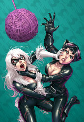 Rule 34 | 2girls, black cat (marvel), black hair, bodysuit, boots, catsuit, catwoman, crossover, dc comics, domino mask, felicia hardy, gloves, green eyes, injury, marvel, mask, multiple girls, quirkilicious, selina kyle, torn clothes, white hair, yarn, yarn ball