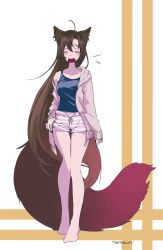 Rule 34 | 1girl, alternate costume, animal ears, bare legs, barefoot, blouse, brown hair, casual, chemise, collarbone, contemporary, closed eyes, fang, full body, highres, imaizumi kagerou, long hair, namauni, off shoulder, open clothes, open mouth, open shirt, shirt, shorts, signature, simple background, solo, standing, striped, striped background, tail, touhou, very long hair, walking, wolf ears, wolf tail, yawning