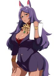 Rule 34 | 1girl, alternate costume, animal ears, aqua eyes, bespectacled, blush, bracelet, breasts, cleavage, contemporary, cowboy shot, dark-skinned female, dark skin, fate/grand order, fate (series), formal, glasses, jackal ears, jewelry, large breasts, long hair, looking at viewer, miniskirt, office lady, parted lips, pencil skirt, purple hair, queen of sheba (fate), rimless eyewear, skirt, skirt suit, smile, solo, suit, tail, tawashi1623
