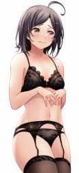 Rule 34 | 1girl, ahoge, black bra, black eyes, black hair, black panties, black thighhighs, blush, bra, breasts, cleavage, closed mouth, commentary, cowboy shot, embarrassed, garter belt, garter straps, hair ornament, hairclip, hikigaya komachi, lace, lace-trimmed bra, lace-trimmed legwear, lace trim, looking away, looking to the side, navel, own hands together, panties, parted bangs, red hayao, short hair, simple background, small breasts, solo, standing, stomach, thighhighs, thighs, underwear, underwear only, white background, x hair ornament, yahari ore no seishun lovecome wa machigatteiru.