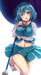 Rule 34 | 1girl, adapted costume, bare legs, blue eyes, blue hair, blue skirt, breast hold, breasts, commentary request, ebi 193, geta, hair between eyes, head tilt, heterochromia, holding, holding umbrella, juliet sleeves, large breasts, long sleeves, looking at viewer, midriff, miniskirt, navel, open mouth, puffy sleeves, red eyes, sandals, skirt, skirt set, smile, solo, standing, standing on one leg, tatara kogasa, touhou, umbrella, vest