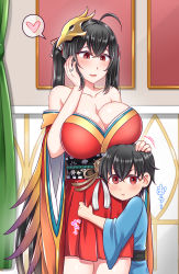 Rule 34 | 1boy, 1girl, :d, ahoge, azur lane, bare shoulders, black hair, blue kimono, blush, breast rest, breasts, breasts on head, cleavage, closed mouth, collarbone, commentary request, commission, cowboy shot, crossed bangs, hair between eyes, hand on own cheek, hand on own face, hand up, headpat, heart, highres, hugging another&#039;s leg, if they mated, indoors, japanese clothes, jewelry, kimono, large breasts, long hair, looking at another, looking at viewer, mask, mask on head, mother and son, motion lines, obi, off shoulder, open mouth, pixiv commission, pout, red eyes, red kimono, ring, sash, short hair, short kimono, sidelocks, smile, sound effects, spoken heart, standing, taihou (azur lane), twintails, very long hair, wedding band, wide sleeves, yakisobapan tarou &amp; negitoro-ko
