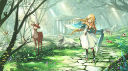 Rule 34 | 1girl, angel wings, animal, bird, blonde hair, bow (music), bug, butterfly, day, deer, flower, insect, instrument, lemur, meadow, music, original, path, playing instrument, pointy ears, ponzu (catponz), road, sandals, scenery, solo, squirrel, sunlight, tree, violin, wings, wolf