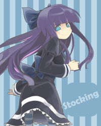 Rule 34 | 10s, 1girl, blue eyes, bow, female focus, goth fashion, gothic lolita, lolita fashion, long hair, moketa, multicolored hair, panty &amp; stocking with garterbelt, smile, solo, stocking (psg), striped clothes, striped thighhighs, thighhighs, two-tone hair