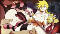 Rule 34 | 2boys, 2girls, ass, blonde hair, blue eyes, blue hair, blunt bangs, breasts, breasts out, brief (psg), chuck (psg), colored inner hair, garterbelt (psg), hetero, large breasts, long hair, multicolored hair, multiple boys, multiple girls, nipples, open mouth, orphen (pink seito), panty &amp; stocking with garterbelt, panty (psg), penis, pink hair, pussy, sex, siblings, sisters, smile, stocking (psg), striped clothes, striped thighhighs, thighhighs, two-tone hair, uncensored