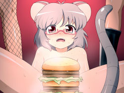 Rule 34 | 1girl, animal ears, bespectacled, censored, female focus, food, glasses, grey hair, burger, mouse ears, mouse tail, nazrin, censored nipples, novelty censor, nude, open mouth, red eyes, shirosato, short hair, solo, sweat, tail, touhou