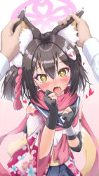 Rule 34 | 1girl, 1other, absurdres, animal ear fluff, animal ears, black gloves, black hair, black sailor collar, black skirt, blue archive, blush, eyeshadow, fox ears, fox tail, gloves, hair between eyes, halo, heart, heart-shaped pupils, highres, izuna (blue archive), makeup, neckerchief, one side up, open mouth, partially fingerless gloves, pink eyeshadow, pink halo, pink neckerchief, pink scarf, pleated skirt, sailor collar, scarf, short hair, skirt, solo focus, symbol-shaped pupils, tail, tears, tomonx, tongue, tongue out, yellow eyes