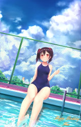 Rule 34 | 10s, 1girl, arm at side, barefoot, black hair, blue one-piece swimsuit, chain-link fence, character name, clenched hand, cloud, cloudy sky, competition school swimsuit, covered navel, day, dutch angle, fence, happy birthday, head tilt, long hair, love live!, love live! school idol project, marshall (wahooo), one-piece swimsuit, outdoors, pool, pool ladder, poolside, red eyes, school swimsuit, scrunchie, sky, smile, soaking feet, solo, splashing, swimsuit, twintails, water, yazawa nico