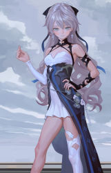 Rule 34 | 1girl, breasts, bronya zaychik, bronya zaychik (silverwing: n-ex), closed mouth, cloud, cloudy sky, cross, cross earrings, dress, earrings, feet out of frame, fkey, gradient ribbon, green eyes, grey hair, hair ribbon, hand on own hip, hand up, highres, jewelry, latin cross, long hair, looking at viewer, original, ribbon, single thighhigh, sky, small breasts, solo, standing, thighhighs, thighs