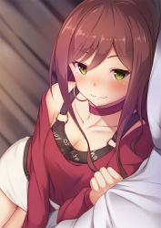 Rule 34 | 1girl, :3, bang dream!, blouse, blush, bra, breasts, brown hair, choker, cleavage, clothes writing, collarbone, commentary request, content rating, green eyes, hair between eyes, highres, imai lisa, large breasts, long hair, long sleeves, looking at viewer, lying, miniskirt, momo no kanzume, on side, pillow, red shirt, shirt, single bare shoulder, skirt, smile, solo, underwear