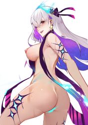 Rule 34 | 1girl, ass, back, bare shoulders, blue fire, blue hair, blush, body markings, bracelet, breasts, earrings, fate/grand order, fate (series), fire, flower, hair flower, hair ornament, hair ribbon, highres, jewelry, kama (fate), kama (swimsuit avenger) (fate), kama (swimsuit avenger) (third ascension) (fate), large breasts, long hair, looking at viewer, looking back, lotus, multicolored hair, nipples, open mouth, red eyes, revealing clothes, ribbon, silver hair, smile, solo, star (symbol), star earrings, thighs, two-tone hair, yaoshan shi