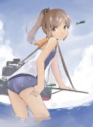 Rule 34 | 10s, 1girl, aircraft, airplane, brown eyes, brown hair, cloud, day, fisheye, gradient background, highres, i-401 (kancolle), kantai collection, looking at viewer, one-piece swimsuit, ponytail, sailor collar, school swimsuit, sekira ame, sky, smile, solo, swimsuit, swimsuit under clothes, wading, water, wet