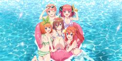 Rule 34 | 5girls, afloat, arm support, arm up, ass, bare shoulders, bikini, blue bikini, blue eyes, blush, breasts, butterfly hair ornament, cleavage, closed mouth, collarbone, feet out of frame, frilled bikini, frills, go-toubun no hanayome, green bikini, green ribbon, hair between eyes, hair ornament, hair ribbon, highres, inflatable raft, large breasts, looking at viewer, looking back, multiple girls, nakano ichika, nakano itsuki, nakano miku, nakano nino, nakano yotsuba, official art, one eye closed, open mouth, orange hair, pink hair, promotional art, purple bikini, quintuplets, red bikini, red hair, ribbon, siblings, sisters, sitting, star (symbol), star hair ornament, string bikini, sunlight, swimsuit, thighs, water, water gun, yellow bikini