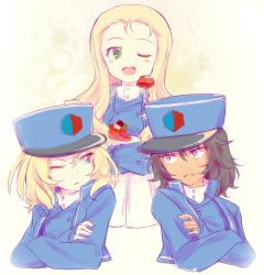 Rule 34 | 10s, ;d, andou (girls und panzer), angry, bc freedom military uniform, black hair, blonde hair, blue eyes, blue hat, blue jacket, blue vest, brown eyes, cake, closed mouth, commentary, cropped torso, crossed arms, dark skin, dress shirt, drill hair, emblem, food, fork, frown, girls und panzer, green eyes, hat, high collar, highres, holding, holding fork, jacket, kosame koori, long hair, long sleeves, looking at another, looking at viewer, looking back, marie (girls und panzer), medium hair, messy hair, military, military hat, military uniform, miniskirt, no legs, one eye closed, open mouth, oshida (girls und panzer), plate, pleated skirt, shako cap, shirt, skirt, smile, standing, traditional media, uniform, v-shaped eyebrows, vest, white shirt, white skirt