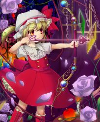 Rule 34 | 1girl, alternate weapon, archery, blonde hair, bow (weapon), candle, chain, cross-laced footwear, flandre scarlet, flower, frilled hat, frilled skirt, frills, hat, hat ribbon, highres, kakiikada, laevatein, mob cap, petals, red eyes, ribbon, rose, short hair, skirt, smile, solo, touhou, vest, weapon, wings