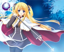 Rule 34 | 1girl, :d, bad id, bad pixiv id, black pantyhose, blonde hair, blue eyes, cape, holding, long hair, looking at viewer, open mouth, pantyhose, quiz magic academy, school uniform, shalon, smile, solo, staff, suihi, two side up