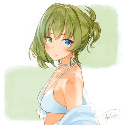 Rule 34 | 10s, 1girl, beads, blue eyes, blush, breasts, choker, collarbone, earrings, eyebrows, eyelashes, flat chest, glint, green eyes, hair beads, hair ornament, heterochromia, idolmaster, idolmaster cinderella girls, jewelry, kanamura will, looking at viewer, looking to the side, mole, mole under eye, off shoulder, open clothes, open shirt, ponytail, shirt, short hair, signature, simple background, smile, solo, takagaki kaede, tsurime, two-tone background, white shirt
