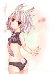 Rule 34 | 1girl, animal ears, ass, back, black panties, crop top, heart, highres, lace, lace-trimmed panties, lace trim, looking at viewer, looking back, necktie, original, panties, rabbit ears, rabbit tail, red eyes, sasakichi (ssk chi), short hair, smile, solo, standing, tail, underwear, underwear only, v, white hair